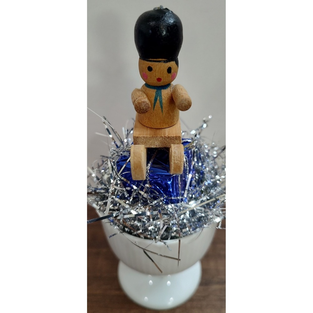 Handmade Christmas Scene Assemblage Art Sledding Present Tinsel Egg Cup OOAK O1